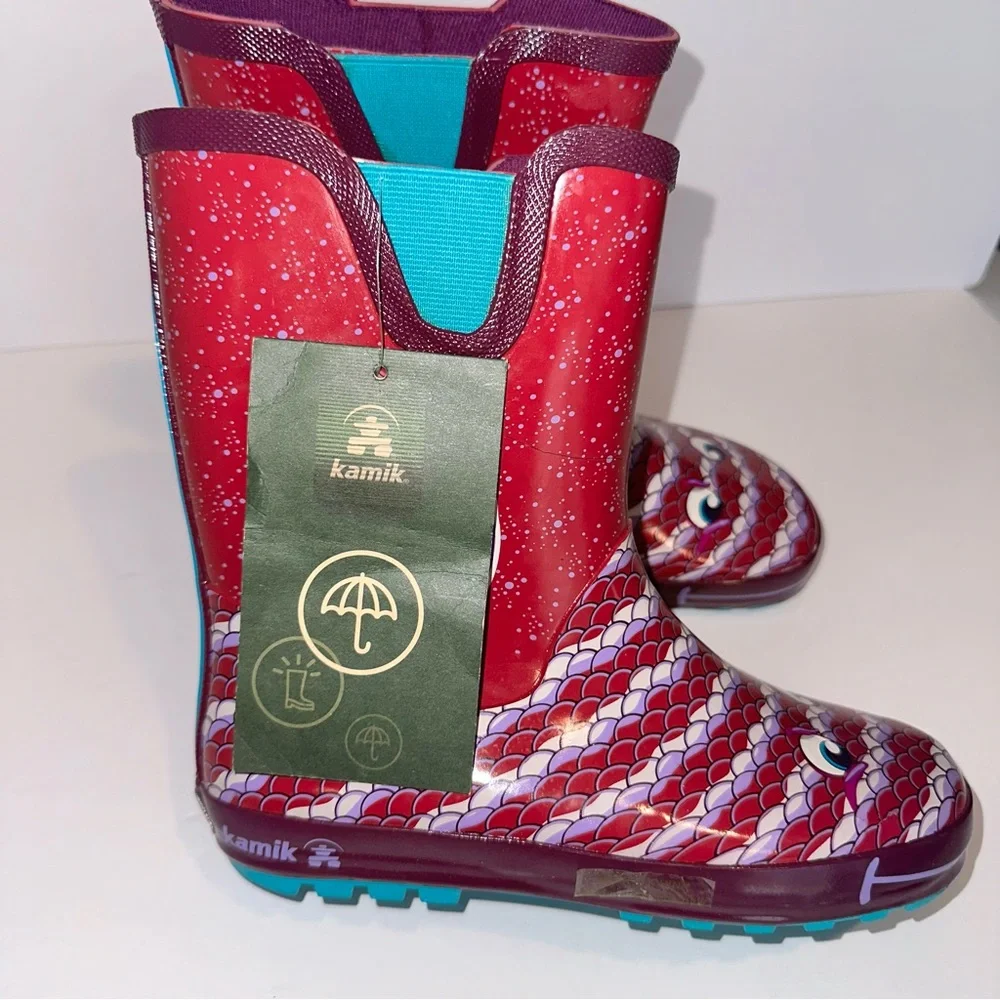 Kamik Girl’s 3 Purple Pink Bubblez Fish Pull On Reflective Waterproof Rainboots